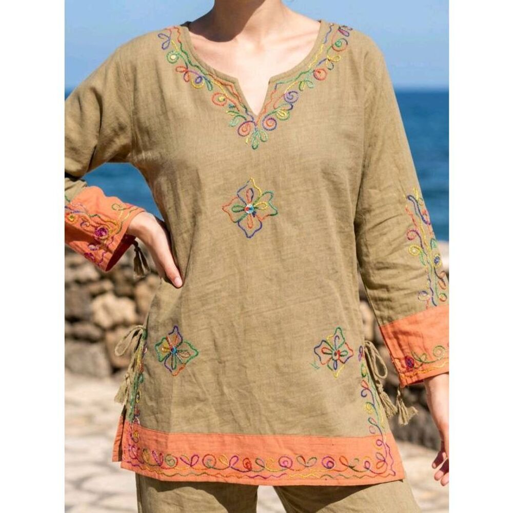 🔹️Orange & Olive Multicolor Embroidered Tie Sleeve Kurta/Coverup Large